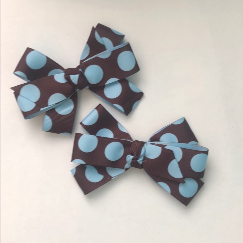 Boutique brown and blue polka dot bow set